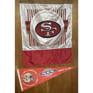 SAN FRANCISCO 49ERS "SF" 24"X36" BANNER FLAG with XIX Super Bowl Pennant 1985